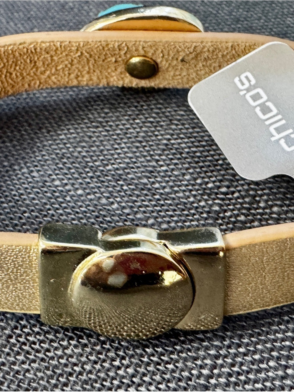 Chico's Gold Leather Bracelet with Aqua Green Druzy Stone - Picture 4 of 7